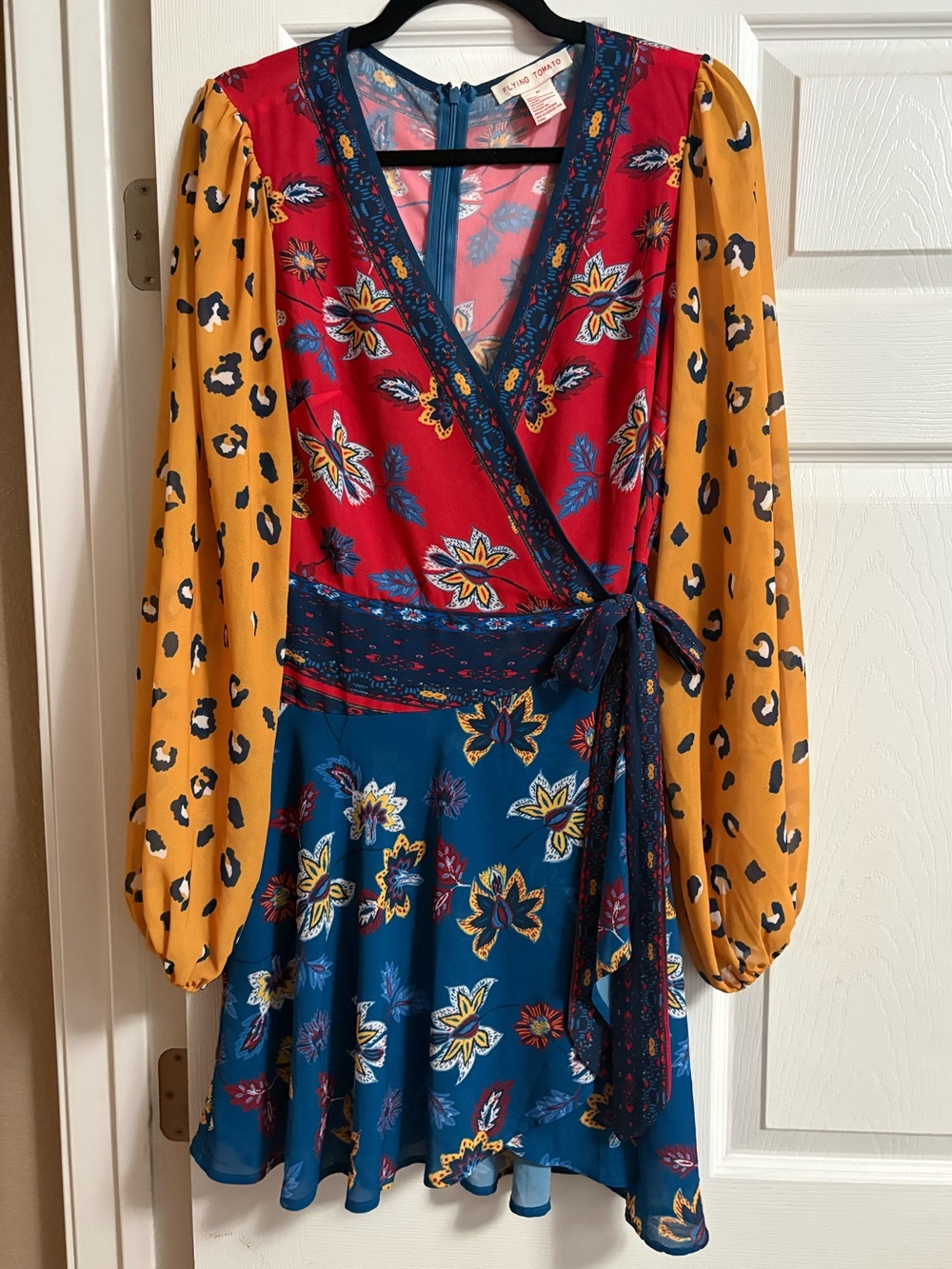 Flying Tomato boho bohemian peasant long sleeve faux wrap dress leopard print M